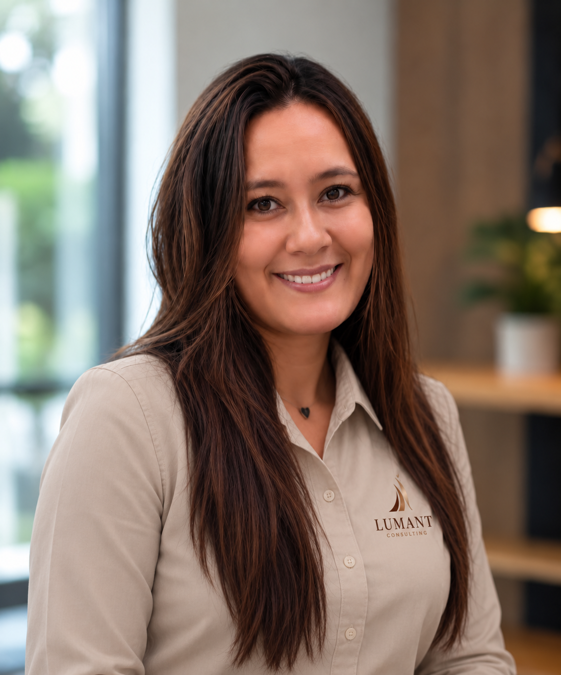 Manuela De León con camisa corporativa de Lumant